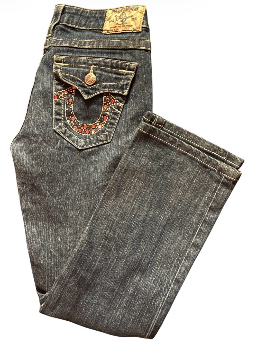 True Religion Women's Blue Bootcut Jeans with Embellished Back Pocket Sz 28